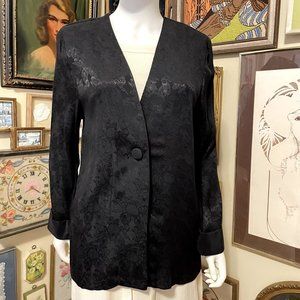 80s Vintage Signet Black Rayon Lace Print Jacquard One Button Long Sleeve Jacket